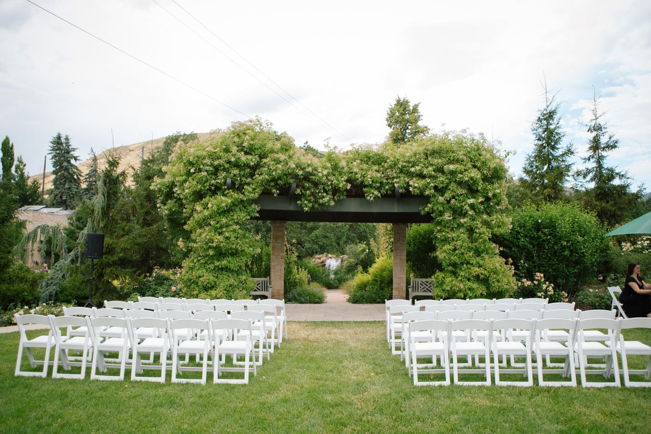 Wedding ceremony setup in the Rose Garden.