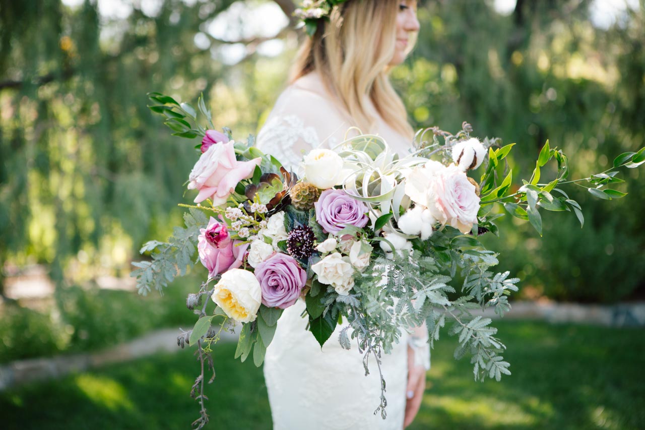 Boho bridal bouquet for a garden wedding.