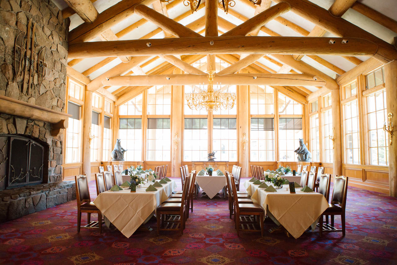 Indoor wedding reception setup at Earl's Lodge.